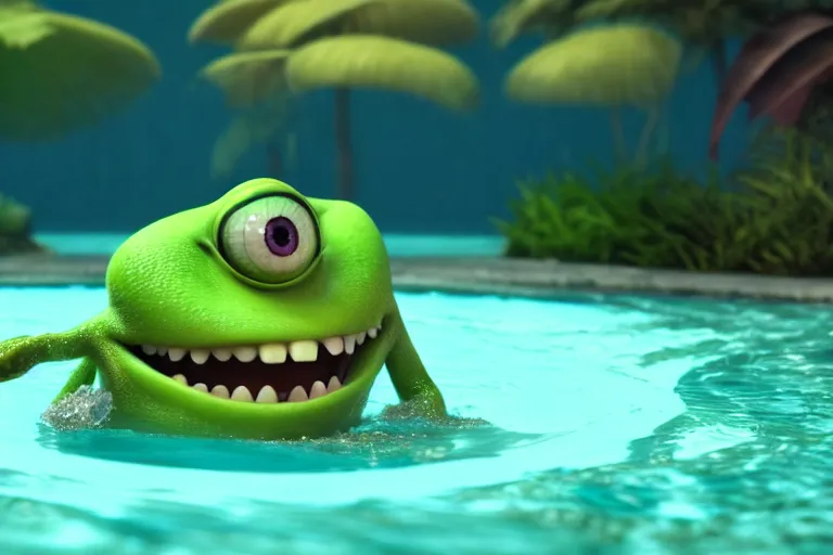 Image similar to diorama of mike wazowski swimming, setting is bliss wallpaper, realistic, 4 k, detailed, atmospheric, cinematic lighting, octane render, unreal engine render, ray tracing lighting