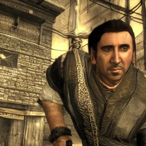 Image similar to screenshot of nicolas cage in the market district of imperial city, from elder scrolls