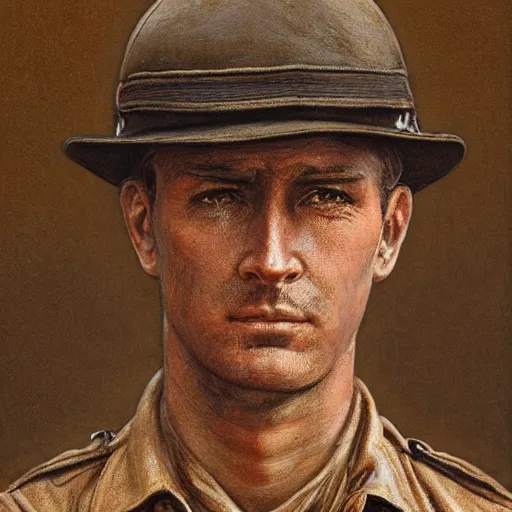 Image similar to a detailed photorealistic sepia - toned color portrait painting of a 1 9 1 7 worried clean - shaven british lieutenant in detailed field gear wearing a finely - detailed pith helmet in wadi rum, ultra realistic, intricate details, atmospheric, dark, horror, brooding, highly detailed, by clyde caldwell