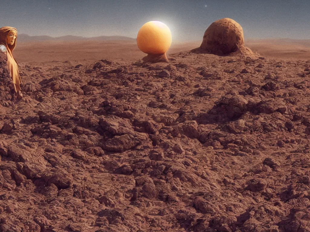 Image similar to glowing bene gesserit in full - face golden glowing mask in a black rocky desert landscape with alienabandoned city beneath the sand and giant alien spaceship in the sky attacks the earth by christopher doyle and alejandro jodorowsky, anamorphic lens, kodakchrome, cinematic composition, very detailed photo, 8 k,