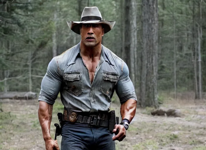 Image similar to film still of dwayne the rock johnson as rick grimes wearing a hat in the new walking dead tv series, 4 k