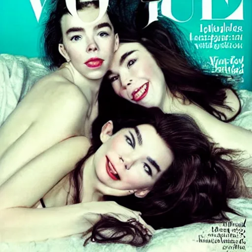 Image similar to stunning vogue magazine photo of dark - haired goddesses vanessa kirby, hailee steinfeld, and bjork smiling, legs intertwined, laying back on the bed, with wet faces!!, wet lips, perfect eyes, insanely detailed, elegant, by rutkowski, livia prima, mucha, wlop,