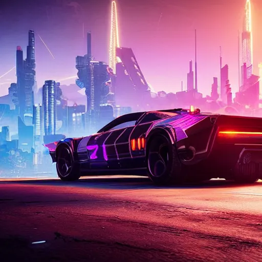 Prompt: the car avanger from cyberpunk 2 0 7 7 infront of a beautiful view over night city in the dark, photorealistic