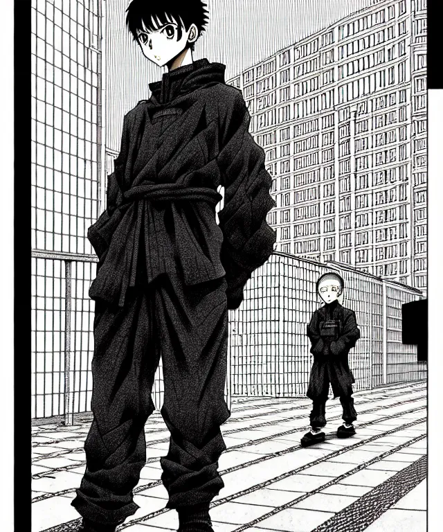 Image similar to A manga cover about a shaved-headed solo gopnik standing on the sidewalk. Sharp high quality manga cover, fine details, straight lines, architecture in the background, masterpiece, art, highly detailed drawing by Hirohiko Araki, Akatsuki Akira, Kentaro Miura