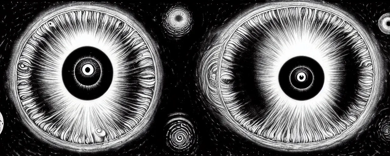 Prompt: a giant eyeball sings a unique canto about'as above so below'to the a cosmic cochlea, while being ignited by the spirit of haeckel and robert fludd, breakthrough is iminent, glory be to the magic within, in honor of saturn, painted by alex grey