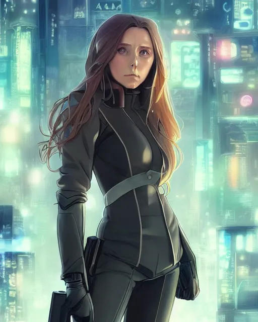 Prompt: anime key visual of elizabeth olsen police officer, cyberpunk, futuristic, long hair, clear eyes, stunning features, perfect face, high details, digital painting, artstation, smooth, soft focus, illustration, art by artgerm and greg rutkowski and alphonse mucha