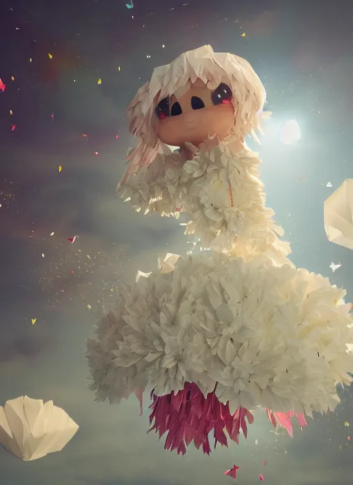 Image similar to background edge of space with puffy clouds are dusk, 🍆🌈♥ anthropomorphic paper woman wrapped in a flowing couture tissue paper, paper chrysanthemums, many origami stars, eery light, 3 d, very detailed, octane render, trending artstation, artgem