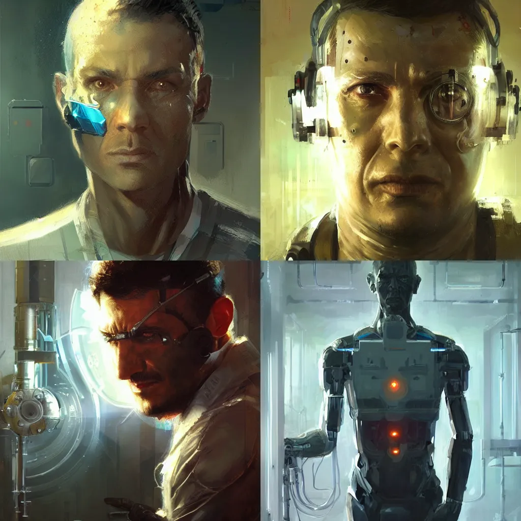 Prompt: a laboratory operator man with cybernetic enhancements, scifi character portrait by greg rutkowski, craig mullins