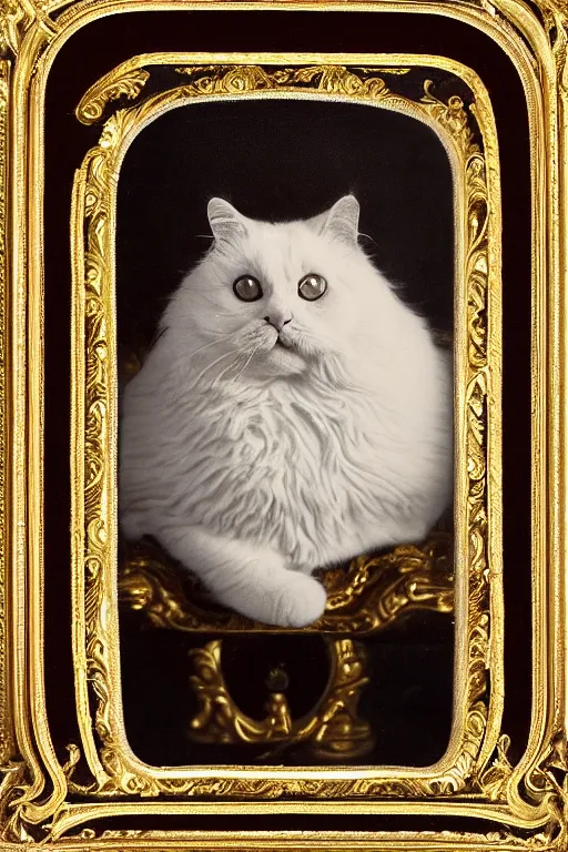 Image similar to a magnificent tintype portrait of a fluffy fat royal cat on an embroidered velvet cushion on a neo - rococo gilded little bed, by david lachapelle, photorealistic, photography, wide shot