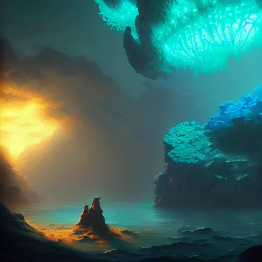 Prompt: bioluminescent coral reef, concept art, d & d, fantasy, highly detailed, masterpiece, volumetric lighting, digital painting, artstation, smooth, sharp focus, illustration, art by artgerm, by greg rutkowski