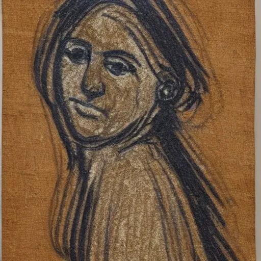 Prompt: tintoretti study of a woman. black and white chalk on brown paper. sketch lines