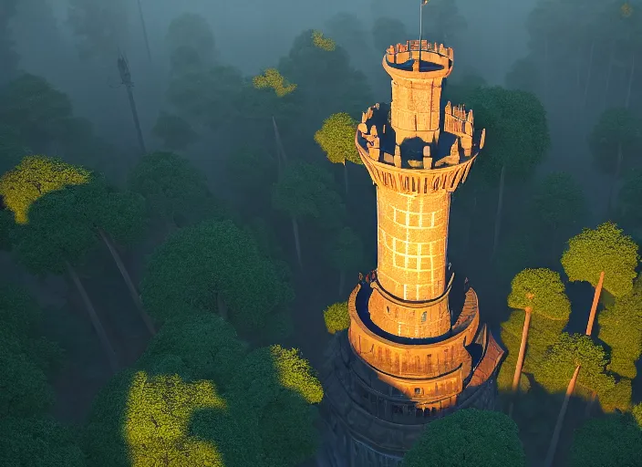 Image similar to overhead view of the great tower of the south in the magical forest of saporra, medium shot, studio ghibli, pixar and disney animation, sharp, rendered in unreal engine 5, anime key art by greg rutkowski, bloom, dramatic lighting