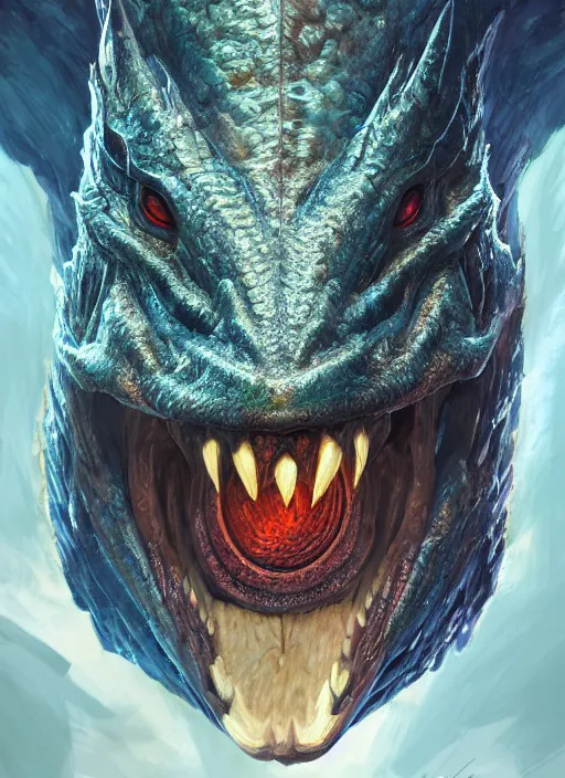 Image similar to portrait, legendary dragon head, two eyes, spying blue fire, sharp teeth, Dynamic lighting, cinematic, establishing shot, extremely high detail, photo realistic, cinematic lighting, , post processed denoised, concept design, concept art, artstation, matte painting, midjourney, style by alex ross, neal adam