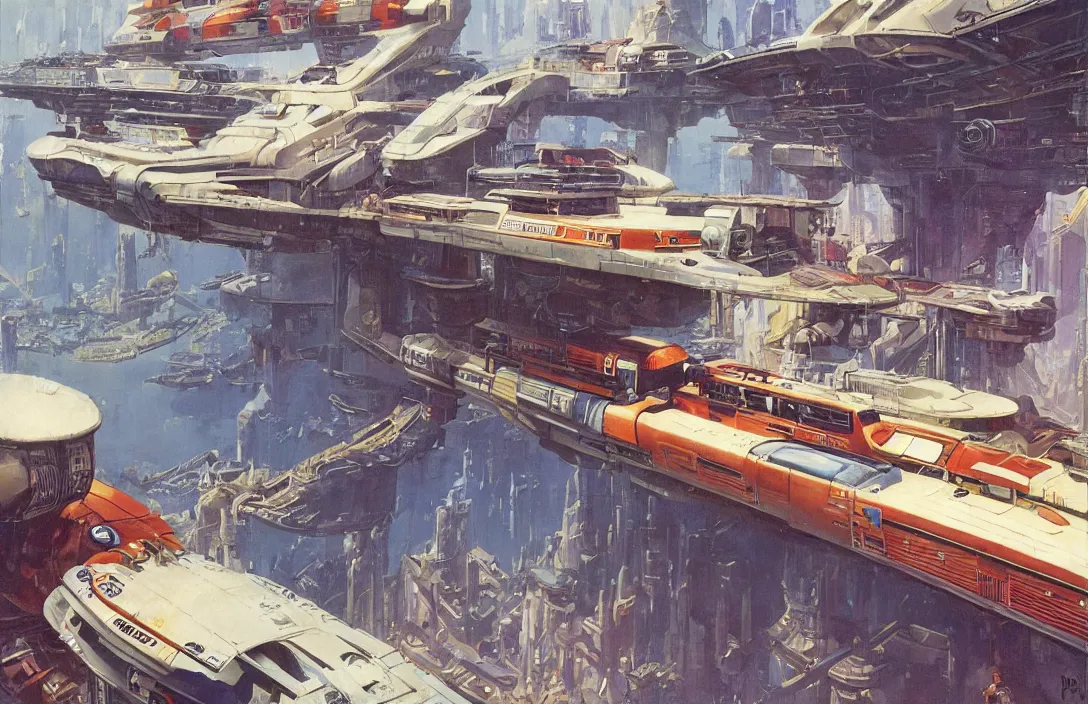 Prompt: a retro futurism elevated railway on colonized planet by robert mccall and john berkey | ralph mcquarrie :. 5