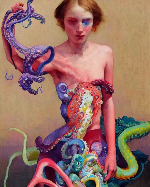 Image similar to a beautiful girl wearing a colourful octopus as a dress, painted by edgar maxence, edward hopper, wayne barlowe and james gilleard, airbrush, art by jamesjean