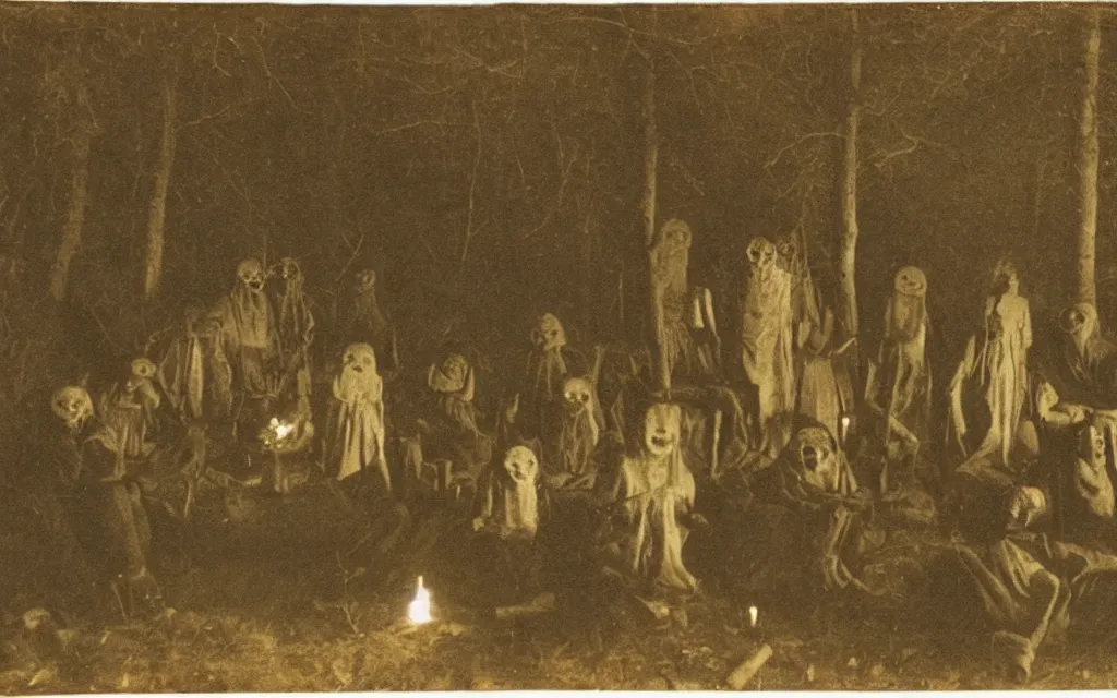 Prompt: 19th century photo of a cult dark old cultists wearing masks in dark forest late night with fireplace by Louis Daguerre