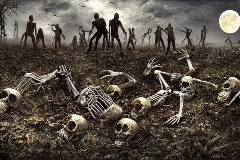 Prompt: skeletons and corpses come out of the ground, zombies, dead, dark night, full moon, highly detailed digital art, photorealistic