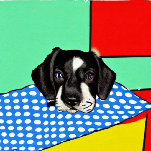 Prompt: blue 3 eyed puppy sitting on picnic blanket in the style of pop art