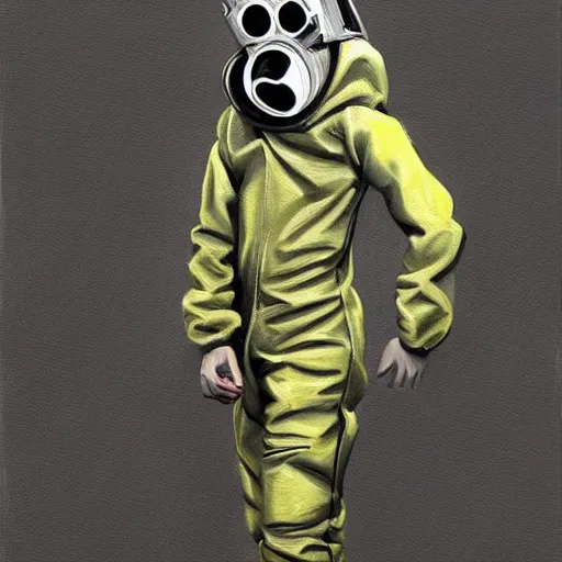 Prompt: teenager wearing a futuristic boiler suit and gas mask, stylised!!! painting, highly detailed, digital art, trending on art station, aesthetic