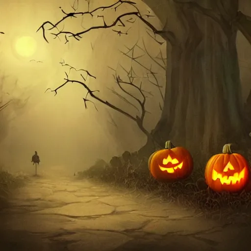 Image similar to a creepy and eery Halloween setting, with Jack o lanterns on the street and shadow figures lurking about, dynamic lighting, photorealistic fantasy concept art, stunning visuals, creative, cinematic, ultra detailed, trending on art station, spooky vibe