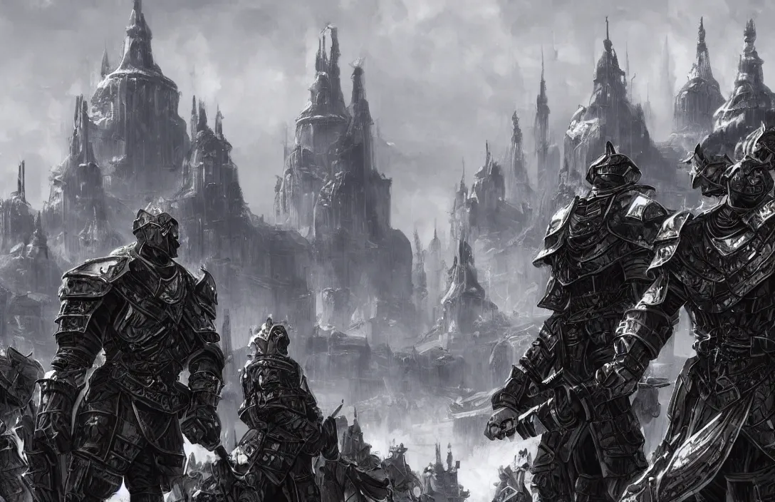 Prompt: black armoured Garlean soldiers in sci fi imperial Russia, snow capped mountains, industrial citadel black domes and spires, highly detailed beautiful concept art of an oppressive towering city, very very very clean clear digital artwork with professional composition