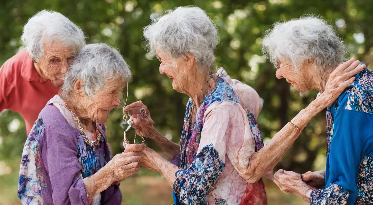 Prompt: one old woman giving a jewel to one young man