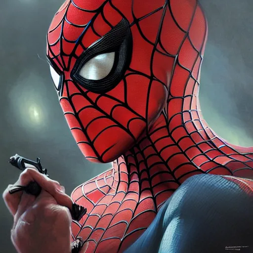 Image similar to Beautiful portrait of spiderman, wide angle, intricate, wild, highly detailed, digital painting, artstation, concept art, smooth, sharp focus, illustration, art by artgerm and greg rutkowski and alphonse mucha - W 768