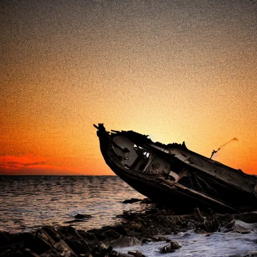 Image similar to incredibly detailed image of wrecked boat on shoreline, backlighting