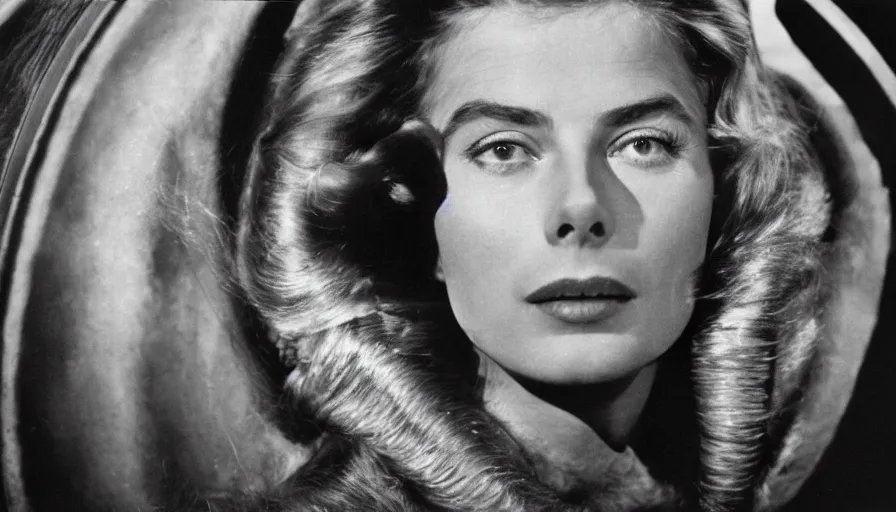 Image similar to film capture, young ingrid bergman dressed as barbarella, exploring an alien planet. symmetrical face. symmetrical body. cinematic. 1 0 0 mm lens. realistic. photograph.