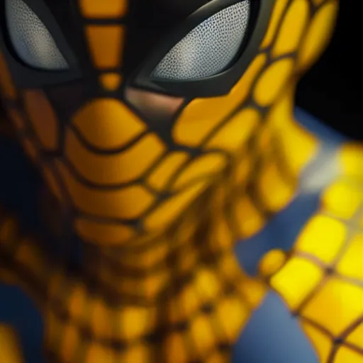 Prompt: still photo of yellow spider - man, highly detailed, photorealistic portrait, bright studio setting, studio lighting, crisp quality and light reflections, unreal engine 5 quality render