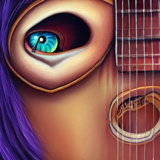 Image similar to eyes, guitar, extremely Highly detailed, Occult, funny, humorous, humor, hilarious, funny, entertaining, magical, trending on artstationHQ, closeup, D&D, intricate, elegant, highly detailed, digital painting, artstation, concept art, matte, sharp focus, illustration, surrealism