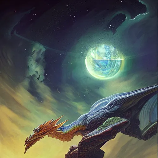 Prompt: Chrystalline blue scaled dragon devouring an earth like planet in space, sun system, nebula in the background, oil painting, by Fernanda Suarez and Edgar Maxence and Greg Rutkowski