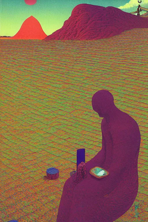 Image similar to man licks a tab of LSD acid on his tongue and experiences psychedelic hallucinations, by kawase hasui, moebius, Edward Hopper and James Gilleard, Zdzislaw Beksinski, Steven Outram colorful flat surreal design, hd, 8k, artstation