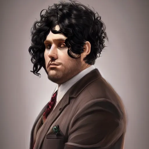 Image similar to a portrait of a short fat man with long curly black hair and a brown suit, D&D, sci-fi, elegant, hopeful, muscular, highly detailed, digital painting, artstation, concept art, smooth, sharp focus, illustration