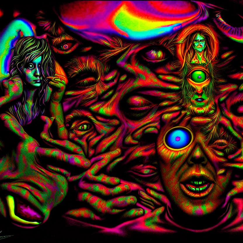 Prompt: schizophrenic hallucination, lsd, supernatural, 8 k, digital art, highly detailed, ray tracing, chiaroscuro, weird, colorful, trippy