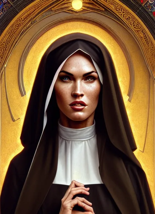 Image similar to portrait of megan fox as a nun, catholic, church, bible, christian, intricate, headshot, highly detailed, digital painting, artstation, concept art, sharp focus, cinematic lighting, illustration, art by artgerm and greg rutkowski, alphonse mucha, cgsociety