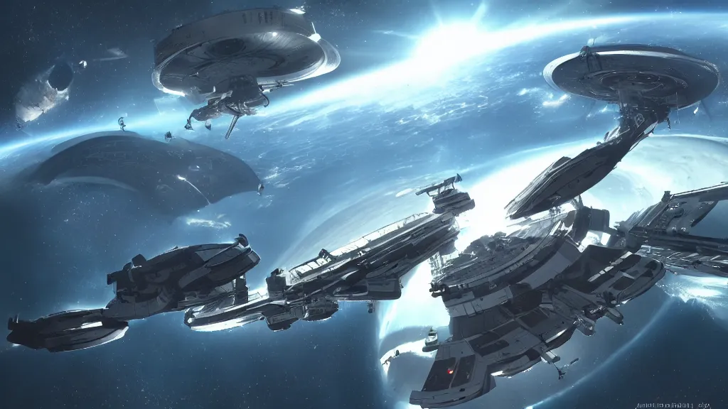 Prompt: Starship docking to a huge ring space station in orbit, trending on artstation, concept art, cinematic lighting