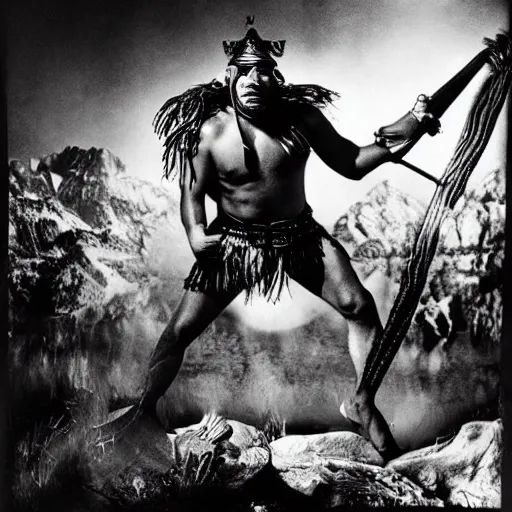 Image similar to Maori warrior during ancient extreme sports by david lachapelle, old photo, black and white, vintage