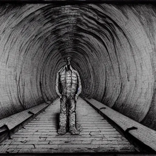 Image similar to a realistic horrible creature standing at the end of an abandoned mine, long tunnel, dream like atmosphere by M.C. Escher ,