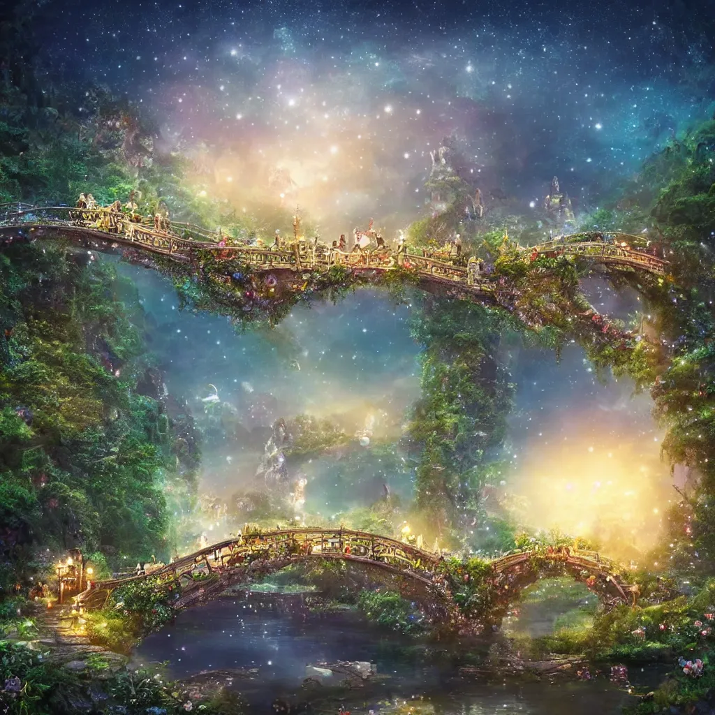 Image similar to fairyland bridge, outside of time and space, dreamy, romantic, night lighting, gorgeous lighting, dramatic cinematic lighting, intricate, highly detailed, in the style of studio ghibli, 8 k