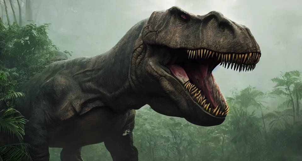 Prompt: closeup portrait of a colossal t-rex in a jungle environment roaring, dramatic lighting, cinematic, octane render, cgsociety, artstation, 4k