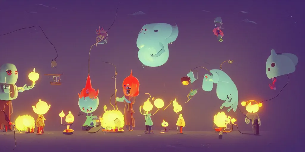 Prompt: cute retro cartoon monsters lighting a bunch of candles at night by goro fujita and simon stalenhag and wes anderson and alex andreev and chiho aoshima and beeple and banksy and kandinsky and magritte and basquiat and picasso, 8 k, trending on artstation, hyper detailed, cinematic