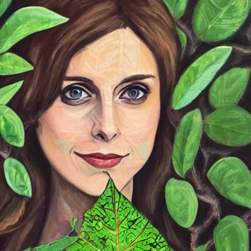 Prompt: Acrylic on canvas long shot of Alison Brie as a wood princess with a leaf dress, low-key lighting, woods background, fairy tale, nature, forest, detailed face, realistic