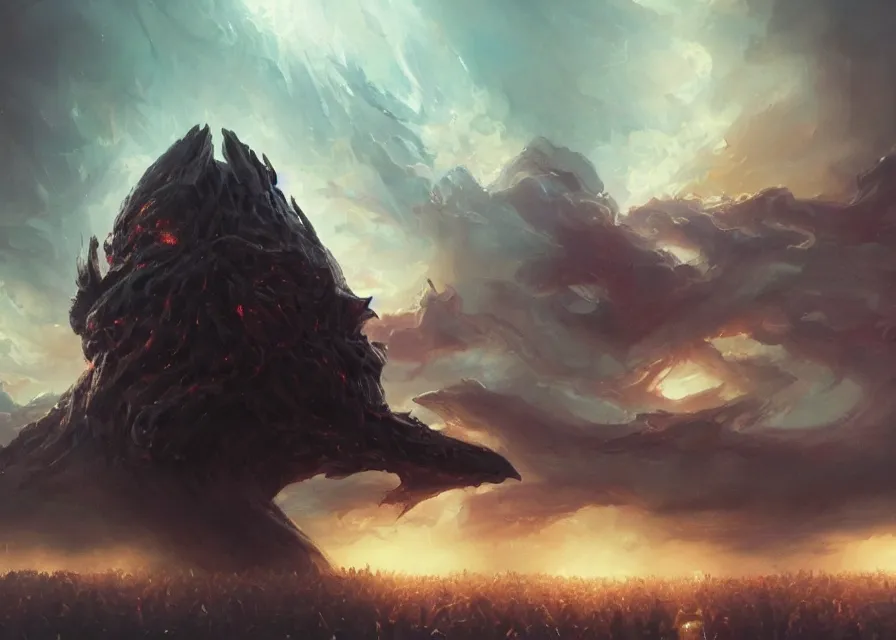 Image similar to large abstract painting of giant grinning evil dynamic Joe Biden head emerging from cosmic clouds at giant immense crowd of person army, trending on ArtStation, masterpiece, by Greg Rutkowski, by Ross Tran, by Fenghua Zhong, octane, lightbeam eyes, oil on canvas, moody lighting, lights beaming out of eyes, cinematic, professional environment concept art