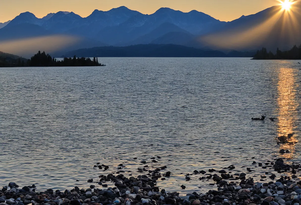 Prompt: a photo of a lake with mountains in the background, dusk, two cranes flying across the sun, sun rays hitting the pebbles in the foreground