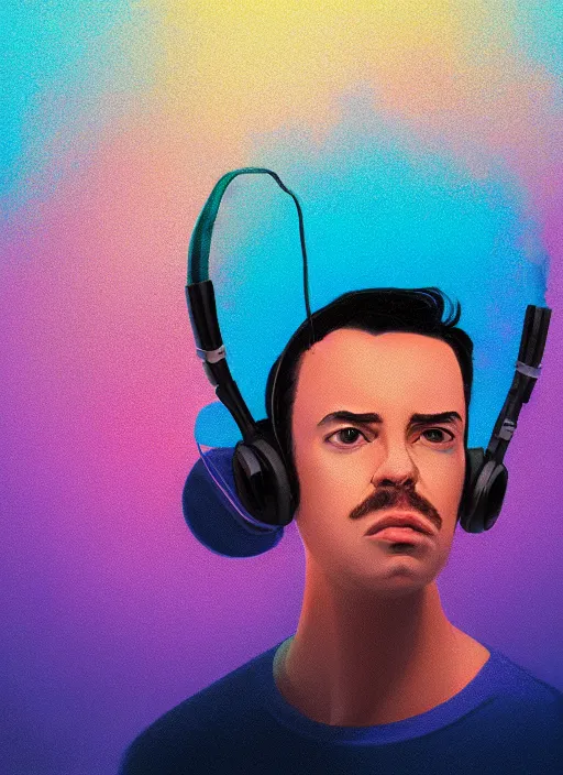 Prompt: face portrait of a headset wearing telemarketer appearing out of puffy steam, Alena Aenami, Petros Afshar, Noah Bradley, Anton Fadeev, Anato Finnstark, Steve Henderson, Filip Hodas, Mark Keathley, Thomas Kinkade, Phil Koch, Gilbert Williams, Mike Winkelmann, Beeple