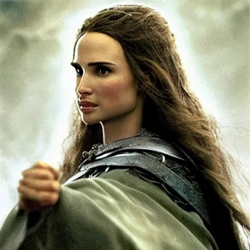 Prompt: a still from “ lord of the rings ” of a head and shoulders portrait of natalie portman as a magical paladin, photo by phil noto