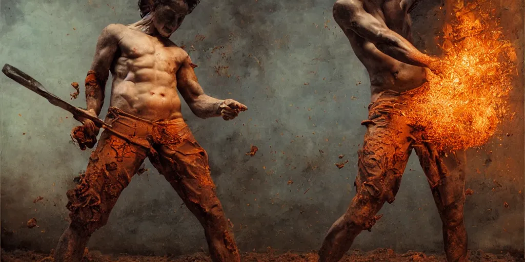 Image similar to highly detailed photography of a men made of rust clay and fire, hand gesture, sharp focus, dust particles, dirt, dramatic scene, aesthetic, dynamic lighting, elegant, harmony, masterpiece, by roberto ferri, blue background, high quality, spatula