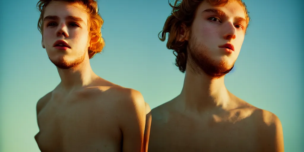 Prompt: handsome young man wearing a dress terror love pain joy fear moody lighting golden hour highly detailed sharp zeiss lens f 1 6 high contrast ryan mcginley