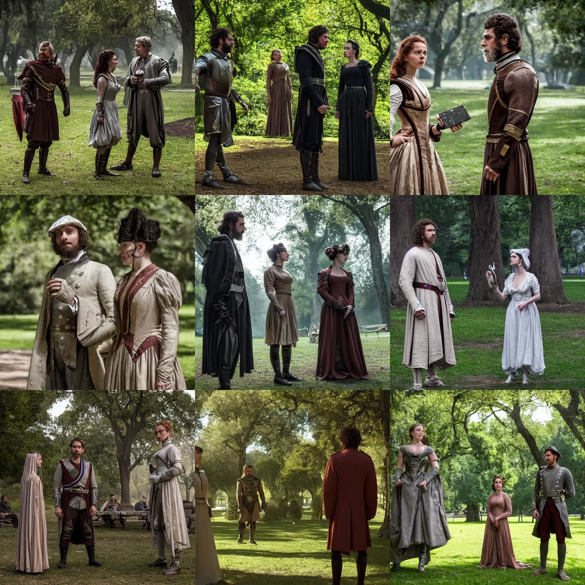 Prompt: sharp, highly detailed, film from a 2 0 1 9 sci fi 8 k movie, time travelers suddenly appear in a park in 2 0 1 9, a man from the roman empire and a woman from 1 8 0 0, wearing correct era clothes, atmospheric lighting, in focus, reflective eyes, 3 5 mm macro lens, live action, nice composition
